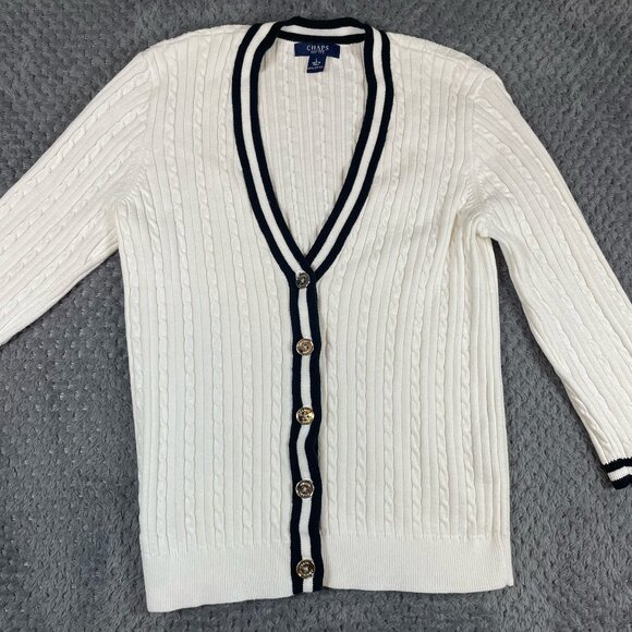 Chaps Sweaters - Chaps Women's Cable Knit Cardigan White Size Large 3/4 Sleeve 100% Cotton Preppy